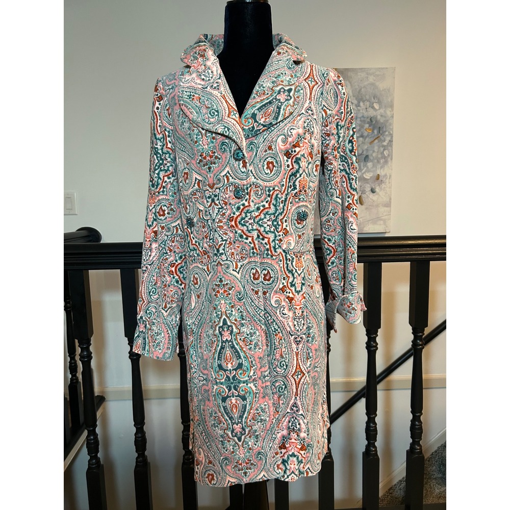 Ivy Jane Pink Teal Paisley Corduroy Button Front Coat Dress Ornate Buttons M vtg